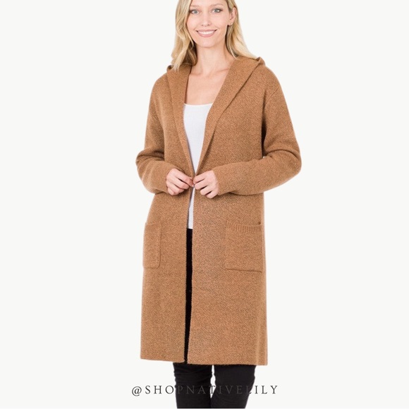 Zenana Outfitters Sweaters - NWT Zenana Hooded Open Front Cardigan, Deep Camel